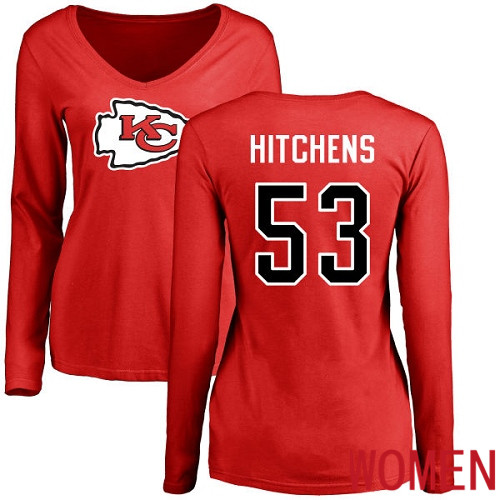 Women Kansas City Chiefs #53 Hitchens Anthony Red Name and Number Logo Slim Fit Long Sleeve NFL T Shirt->nfl t-shirts->Sports Accessory
